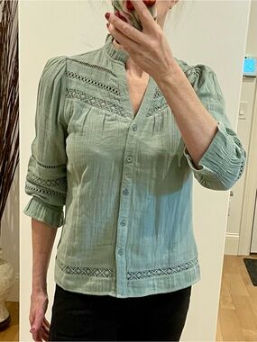 Sage Green Button-Front Women's Blouse with Crochet Trim